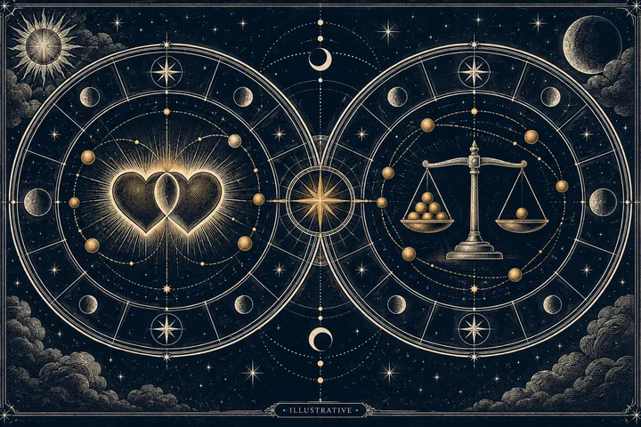 Two overlapping zodiac wheels surround joined hearts, a central compass star, and a balance scale beneath a crescent Moon.