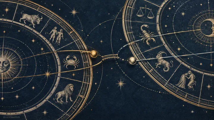Two partial zodiac wheels sit apart across a narrow bridge, with golden planets and zodiac figures around their rims.