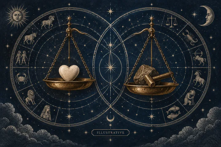 Two zodiac circles hold matching scales, one weighing a heart and the other a rock and hammer beneath the Sun and Moon.
