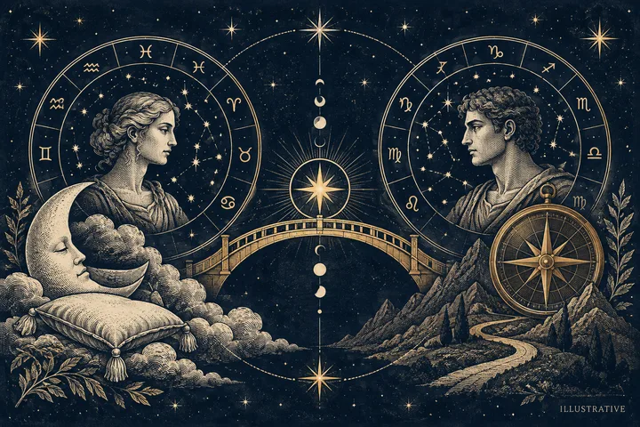 Editorial illustration accompanying: How can synastry help partners decide whether a disagreement needs comfort or a solution?