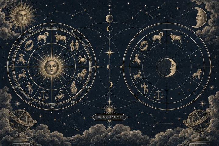 Engraved starry illustration with two circular zodiac wheels, one centered on a sun face and the other on a crescent moon, surrounded by stars, clouds, and brass armillary spheres.