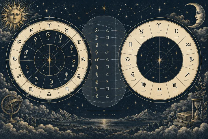 Illustrative brass astrology worksheet with paired Moon, Venus, and Mars symbols, degree marks, blank source notes, and a midnight blue star field.