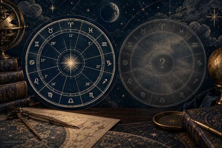 Illustrative close-up of two brass planetary points near a zodiac sign boundary, with an open notebook and constellation lines in midnight blue and ivory.