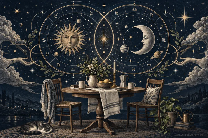 Illustrative midnight-blue dining room with two empty chairs, a set table, a sleeping cat, and overlapping Sun and Moon zodiac wheels overhead.
