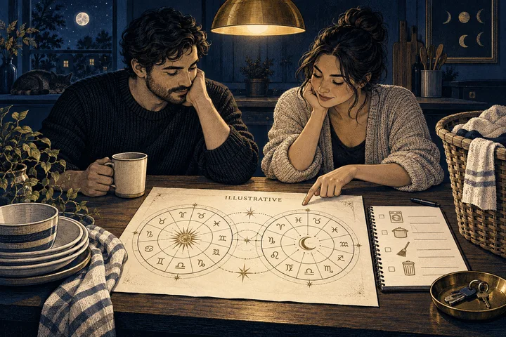 Illustrative couple compares two zodiac wheels beside a household checklist, with dishes and folded laundry in a moonlit kitchen.