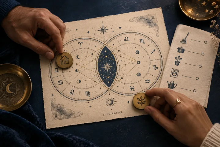 Illustrative overhead close-up of linked zodiac wheels beside a brass house marker and a domestic-task checklist held by two hands.