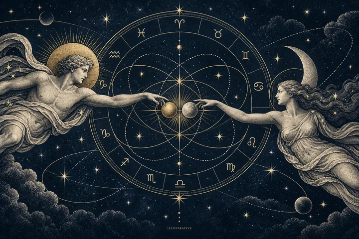 Illustrative brass synastry wheel linking two zodiac circles above a midnight-blue gathering table.