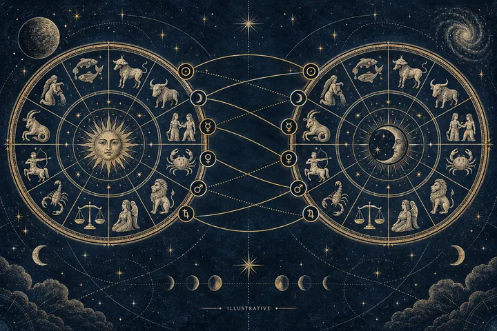 Illustrative Moon, Venus, and Mars symbols arranged as three stages: settle, share, and move.