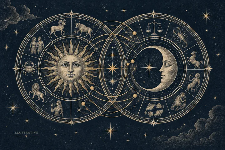 Illustrative close view of intersecting aspect lines showing ease and friction between two zodiac charts.