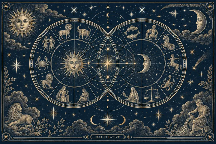 Two overlapping circular zodiac charts with sun and moon faces, surrounded by stars and engraved figures on a dark blue background.