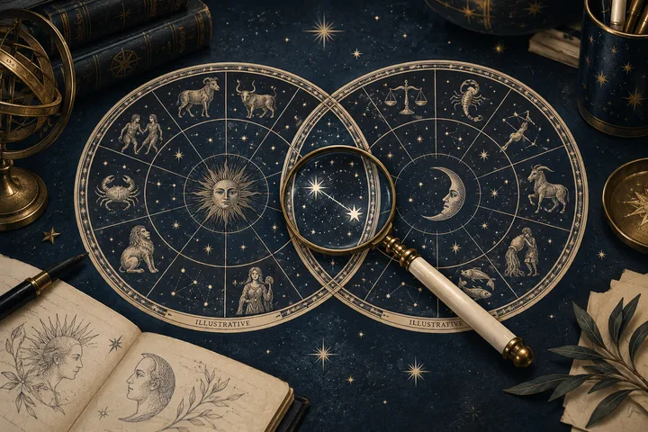 A brass magnifying glass rests across two circular zodiac charts on a starry desk, with books and illustrated pages nearby.
