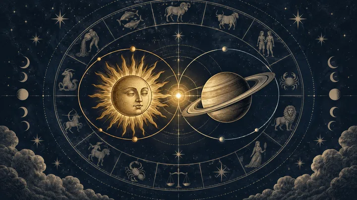 Engraved midnight-blue zodiac wheel showing a radiant Sun and ringed Saturn converging on a glowing central point, illustrating distinct planetary functions meeting in a synastry conjunction.