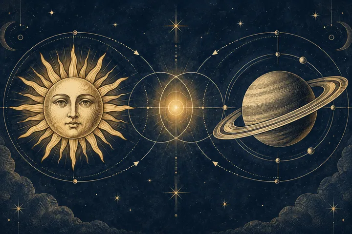 Engraved editorial diagram with a radiant Sun on the left and ringed Saturn on the right, each following separate orbital paths into a luminous shared center to show cooperation and friction in synastry.