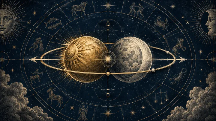 A gold, sun-like sphere and a gray, cratered sphere overlap at the center of a dark starry zodiac wheel, with orbit lines and arrows around them.