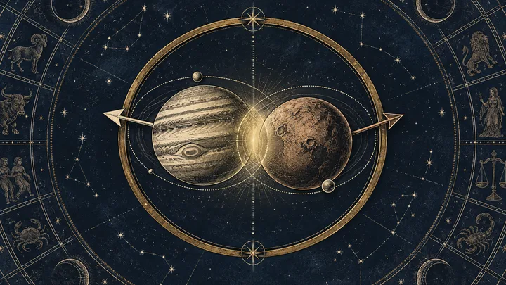 A striped gas-giant-like sphere and a smaller cratered sphere meet inside a gold circular orbit, surrounded by stars, constellation lines, and zodiac symbols.