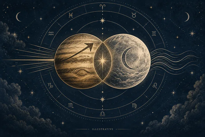 Two overlapping celestial spheres appear inside a zodiac circle: the left sphere has an upward arrow and radiating lines, while the right sphere contains a crescent shape and flowing lines.