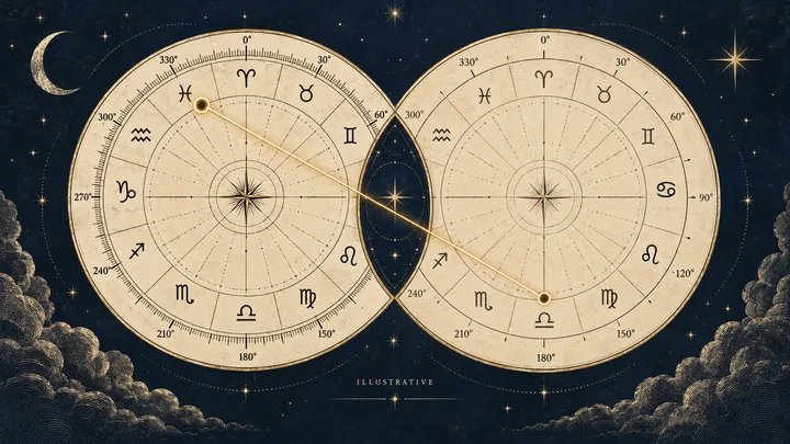 Illustrative brass synastry wheel with one degree scale shown in fine marks and a second scale simplified to whole degrees on a midnight-blue background.