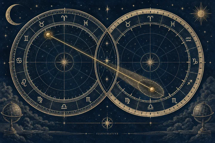 Illustrative synastry diagram showing two planet markers connected across a zodiac ring, with a narrow brass band representing a measured orb.