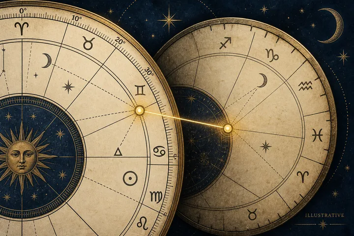 Illustrative close-up of two overlapping zodiac wheels with Moon symbols and a glowing line linking chart points.
