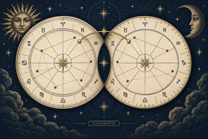Illustrative pair of synastry wheels with planetary points and connecting lines beneath a sun and moon.