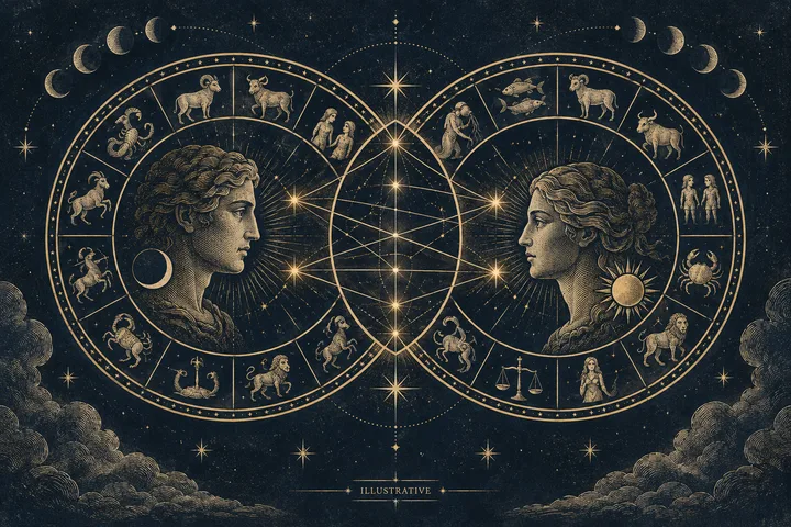 Editorial illustration accompanying: How can synastry frame a conversation about different expectations for commitment?