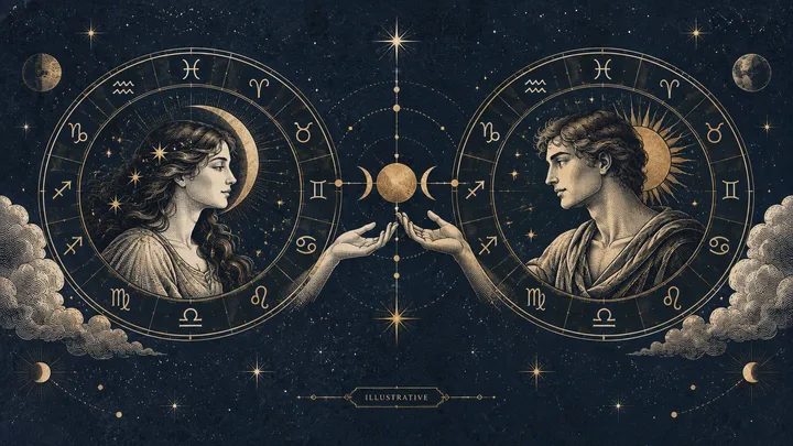 Engraved illustration of two profile figures facing each other inside separate zodiac circles, with their hands reaching toward a central golden sphere against a starry dark-blue background.