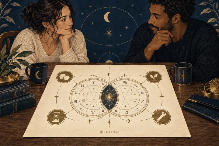 Two people sit across a table with a large overlapping circular zodiac chart on paper between them, surrounded by dark mugs, books, leaves, and small astrology symbols.
