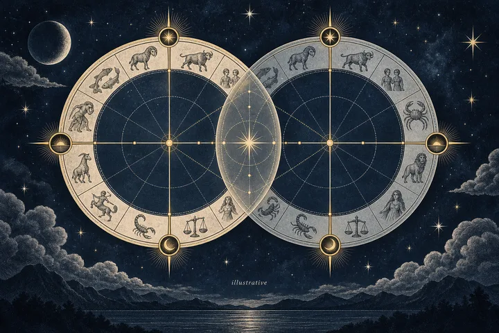 Illustrative midnight-blue chart wheel with ivory zodiac markings and brass lines crossing at the ASC, DSC, MC, and IC angles.