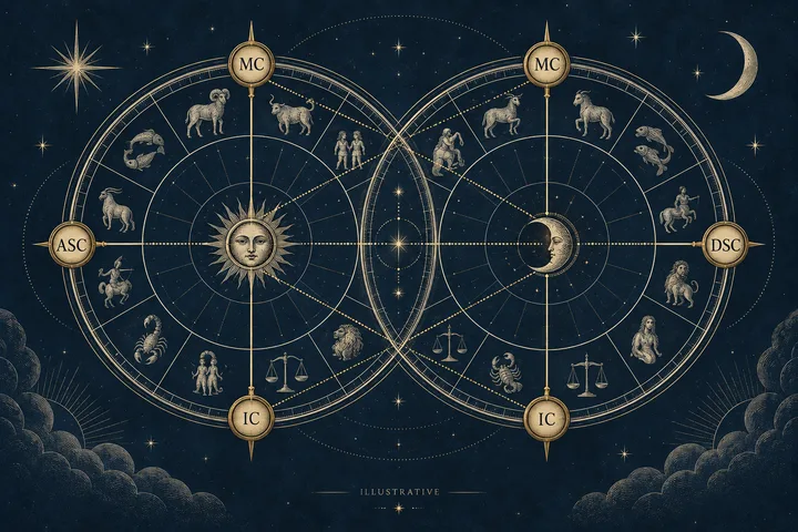 Illustrative brass synastry cross linking a Libra ASC, Aries DSC, Cancer MC, and Capricorn IC on a midnight-blue zodiac wheel.