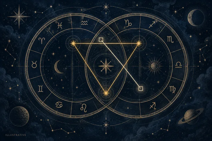 Illustrative engraved synastry diagram with two overlapping zodiac wheels, three brass lines forming a grand trine, and one ivory hard-contact line against a midnight-blue star field.