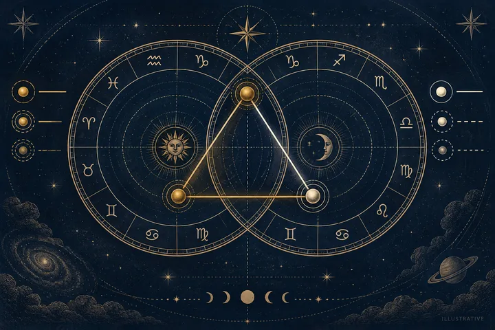 Illustrative engraved comparison diagram showing overlapping zodiac rings, three harmonious brass connections, one ivory hard contact, and concentric orb-like measurement arcs.