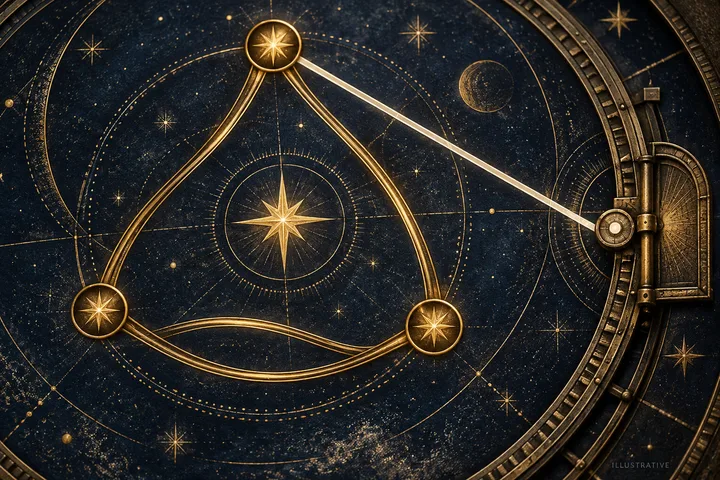 Illustrative close-up of three smooth brass aspect arcs surrounding a central star while one ivory line meets an engraved celestial hinge, symbolizing flow becoming a practical task.