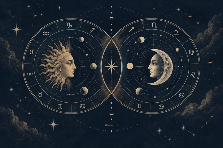 Illustrative midnight-blue zodiac circle with two brass paths separating and meeting again, symbolizing independence with reconnection.