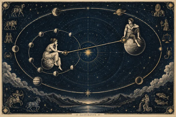 Illustrative scene of two human figures seated on planetary bodies, linked by orbital lines beneath a starry zodiac sky, showing two people negotiating separate paths within a shared synastry pattern.