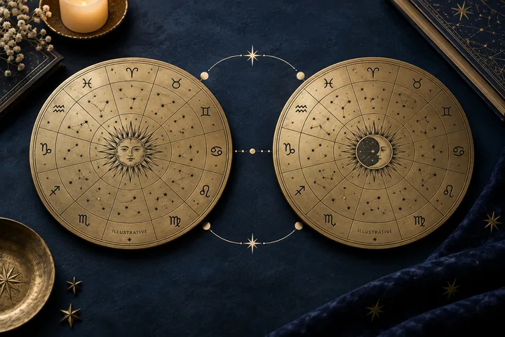 Illustrative zodiac scene with one ivory private orbit linked to a warm brass thread, contrasting solitude with emotional continuity.