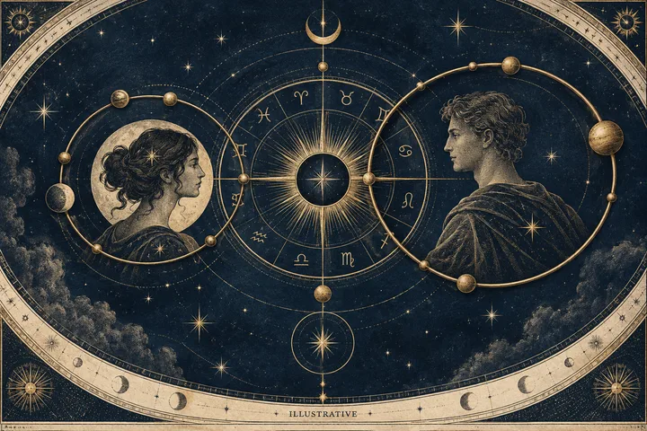 Illustrative brass zodiac chart beside two open paths and a marked meeting point, representing a small boundary test for time apart.