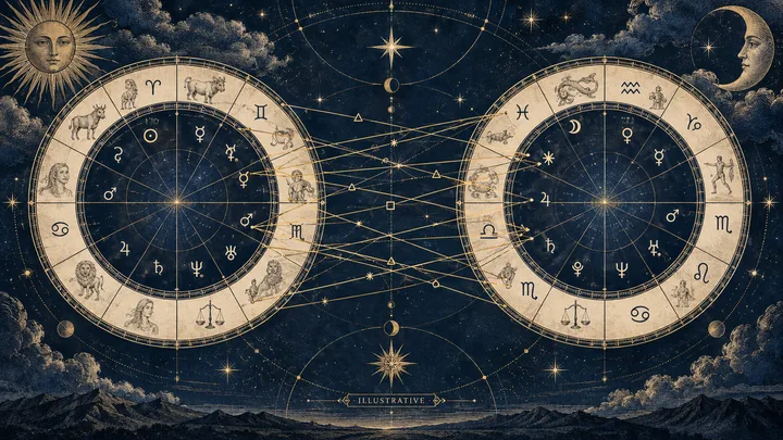 Two large zodiac wheels face each other against a starry sky, connected by many thin gold lines; a sun and crescent moon appear in the upper corners, with mountains along the bottom.