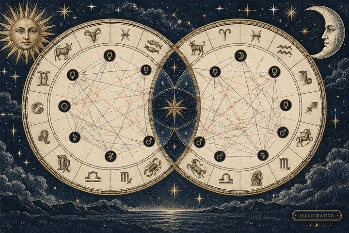 Two overlapping cream-colored zodiac wheels contain dark circular symbols joined by a dense web of red and blue lines; a sun and crescent moon flank the starry scene.