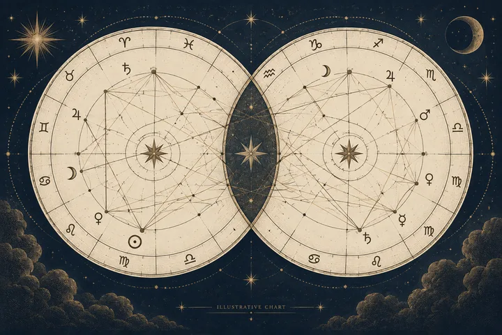 Two pale circular chart diagrams sit side by side on a dark starry background, filled with fine intersecting lines, symbols, and compass-like stars at their centers.