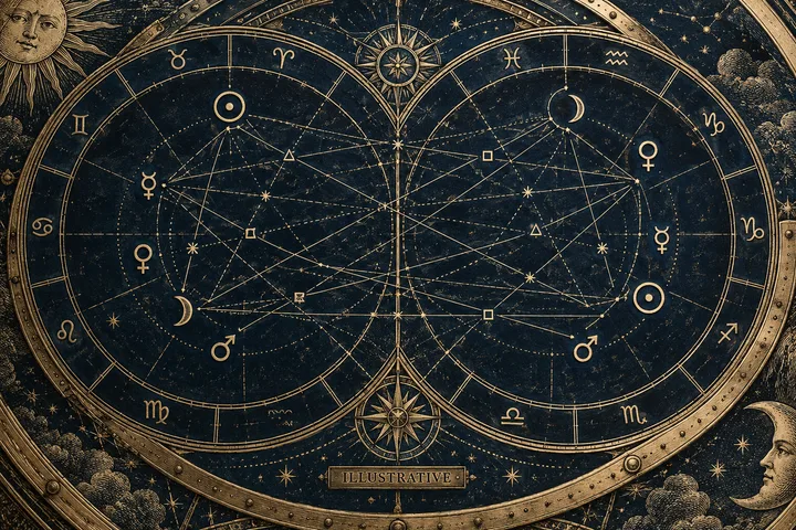 A close view of two dark blue circular chart panels is framed in gold and filled with planetary symbols, zodiac signs, and many intersecting lines.