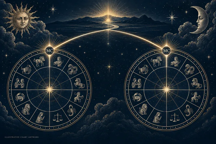 Illustrative close-up of a planet glyph meeting the MC angle beside a notebook marked with degrees, showing the data needed for a synastry check.