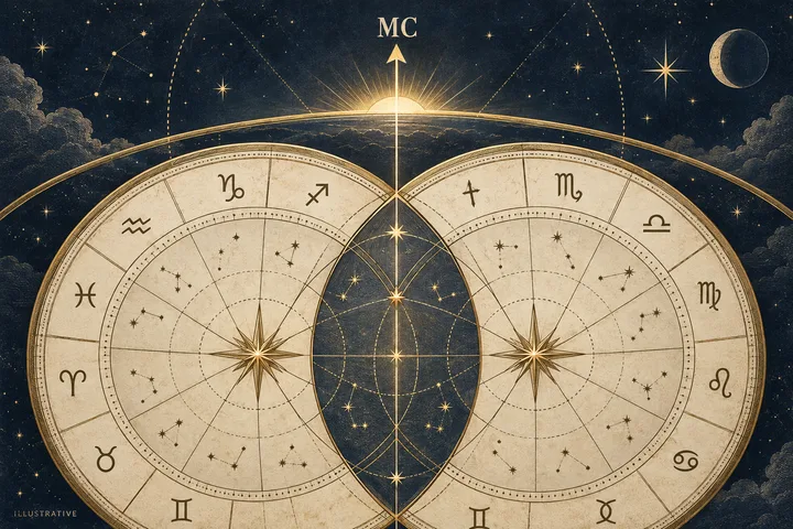 Illustrative engraved zodiac scene with a bright Jupiter path widening beside a firm Saturn line, contrasting opportunity with shared responsibility.