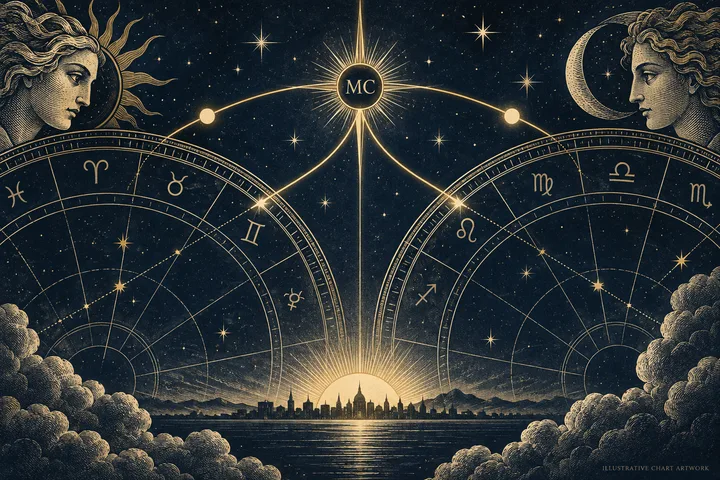 Illustrative couple beneath an MC symbol, with separate stars for public goals and a grounded foundation, showing shared direction without merged identities.