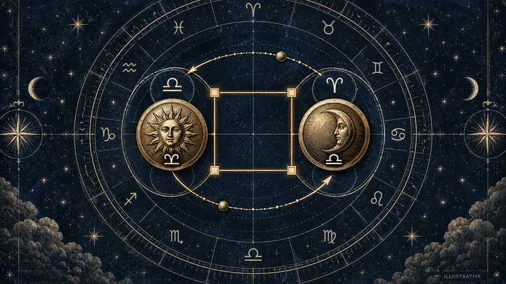 Illustrative midnight-blue zodiac wheel with sun- and moon-faced brass medallions facing across a glowing square, surrounded by ivory zodiac symbols.