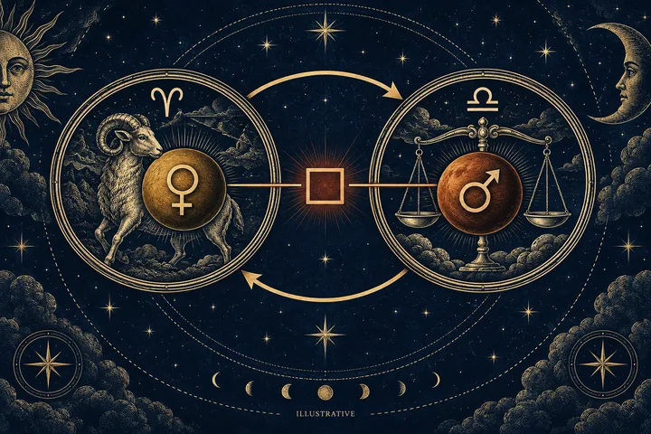 Illustrative close-up of two engraved planetary emblems exchanging brass arrows between their ruling zodiac signs, with a square aspect marked at the center.