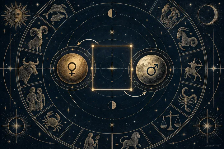 Illustrative synastry wheel with Venus and Mars symbols inside separate brass orbs, linked by a glowing square and curved arrows within the zodiac.