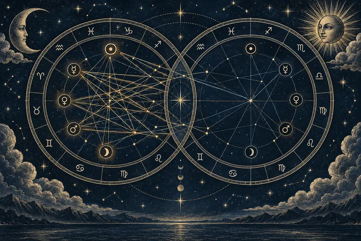 Engraved midnight-blue illustration of two overlapping synastry chart wheels, with one side receiving a denser network of brass connection lines among personal-planet symbols.