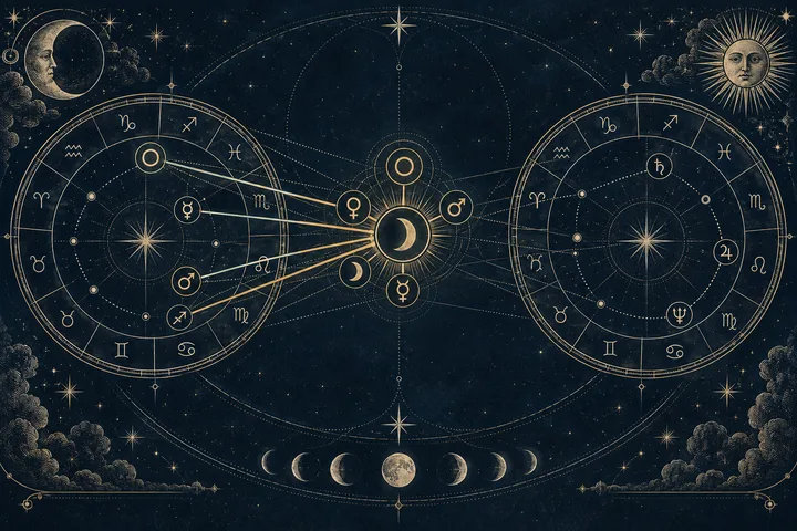 Engraved midnight-blue synastry illustration with a central receiving Moon surrounded by personal-planet symbols and a hierarchy of bright close contacts and softer peripheral lines.