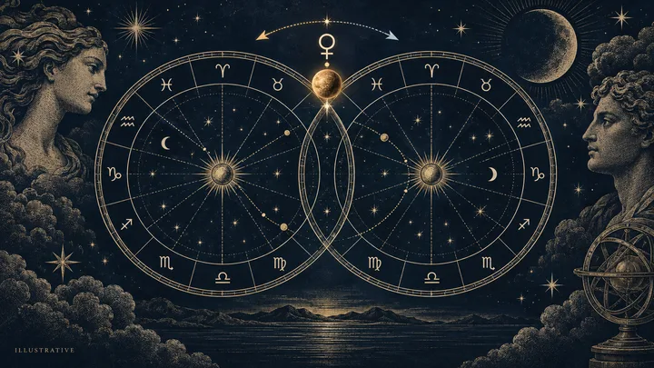 Two overlapping circular star charts with zodiac symbols and sun and moon symbols, framed by engraved classical figures, clouds, stars, a crescent moon, and a brass armillary sphere.