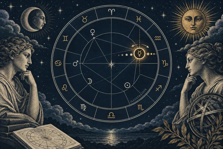 A large circular star chart with zodiac symbols, geometric connecting lines, and a highlighted planetary symbol, flanked by two engraved classical figures and an open chart book.